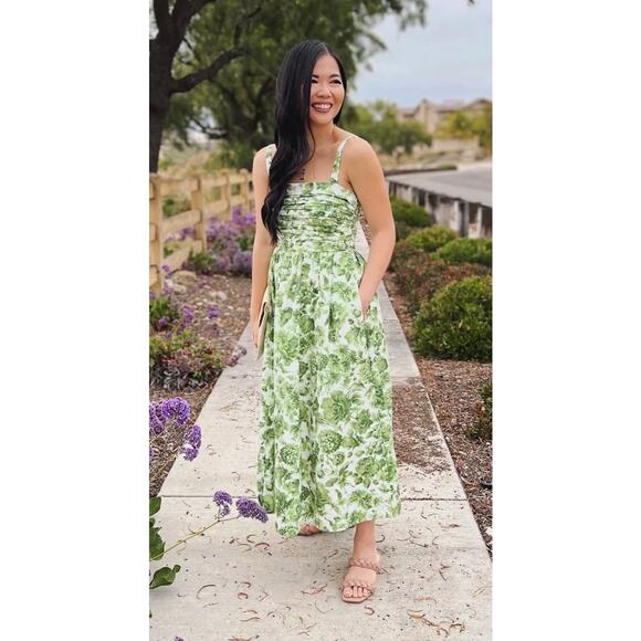 A & F Midi Dress Emerson Poplin Wide Strap Green Floral Cotton size Large - Picture 3 of 11